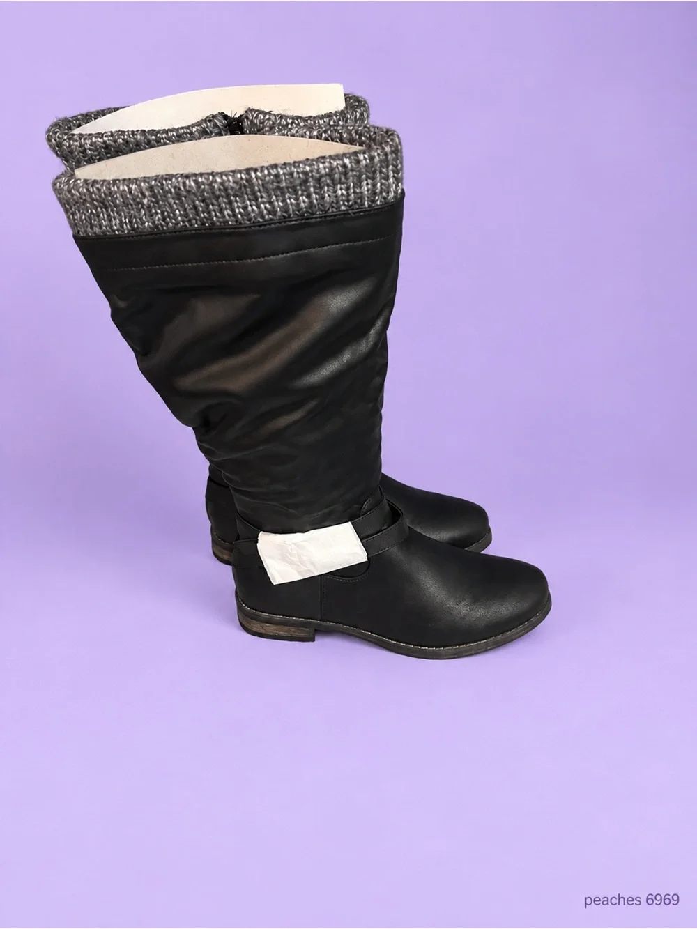Gorgeous Wide calf Black Knee-high Boots with Gray Knit Cuff
